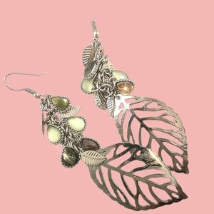 Gold Filigree Leaf Earrings Green Gemstones